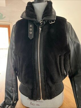 Blank NYC Black Faux Fur & Leather Bomber Jacket